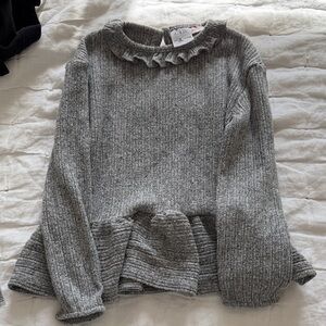 Zara Gray Ribbed Sweater with Ruffle Neck